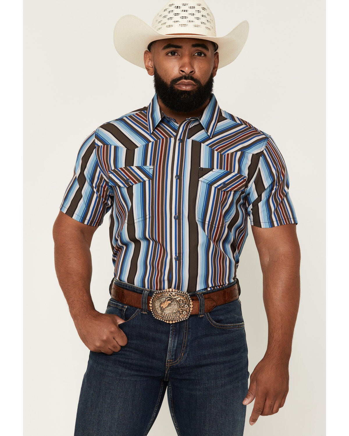 RANK 45&reg; Men's Rodeo Tech 2.0 Striped Print Short Sleeve Stretch Performance Shirt, Blue, hi-res