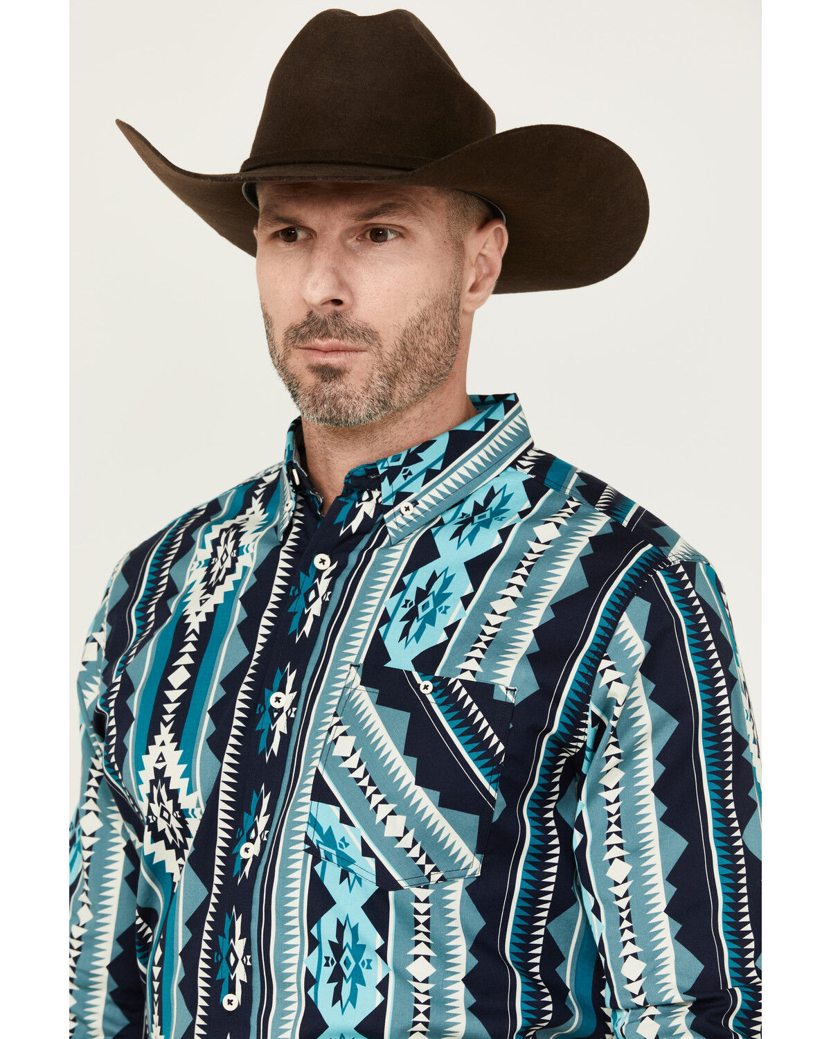 Image #2 - RANK 45® Men's Dakar Exploded Southwestern Print Long Sleeve Performance Stretch Western Shirt, Teal, hi-res