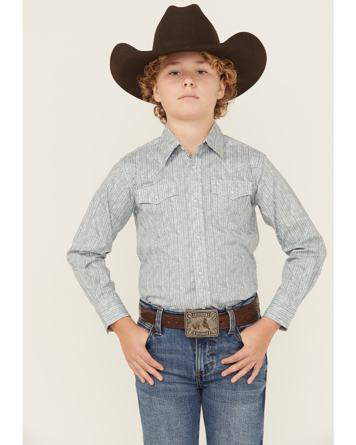 Image #1 - Wrangler 20X Boys' Paisley Print Long Sleeve Snap Stretch Western Shirt, Grey, hi-res