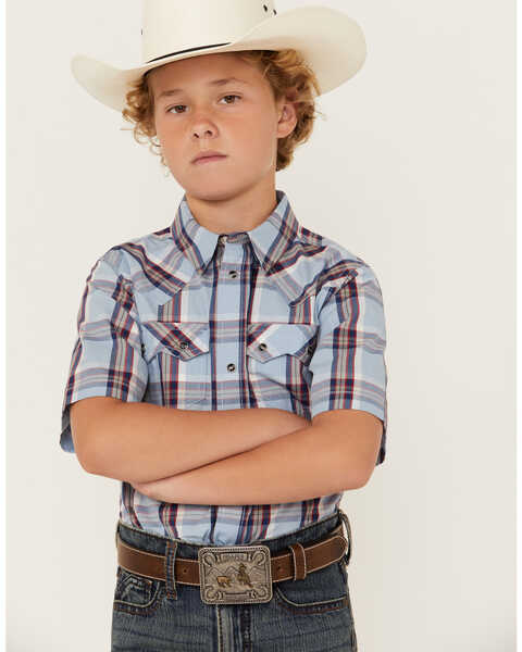 Cody James Boys' Plaid Print Short Sleeve Snap Western Shirt, Light Blue, hi-res