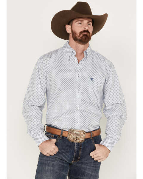 Image #1 - Cowboy Hardware Men's Puzzle Star Geo Print Long Sleeve Button Down Western Shirt, White, hi-res