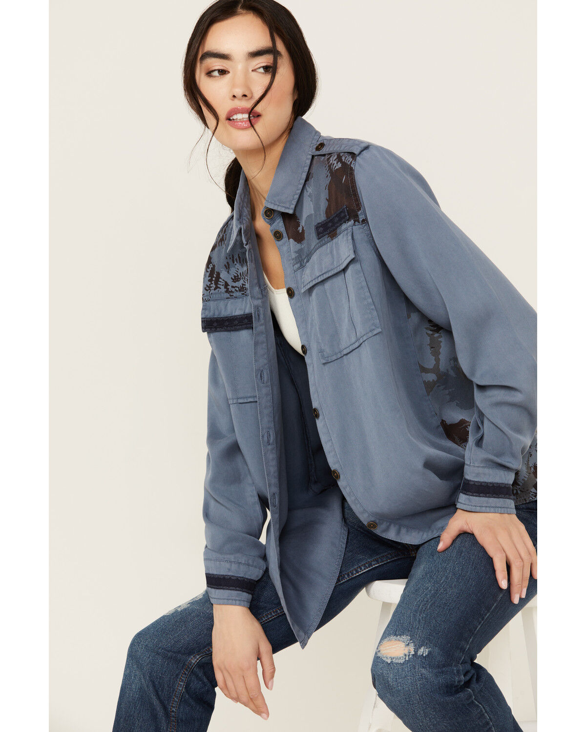 Image #1 - Cleo + Wolf Women's Axel Printed Long Sleeve Button-Down Shirt, Indigo, hi-res