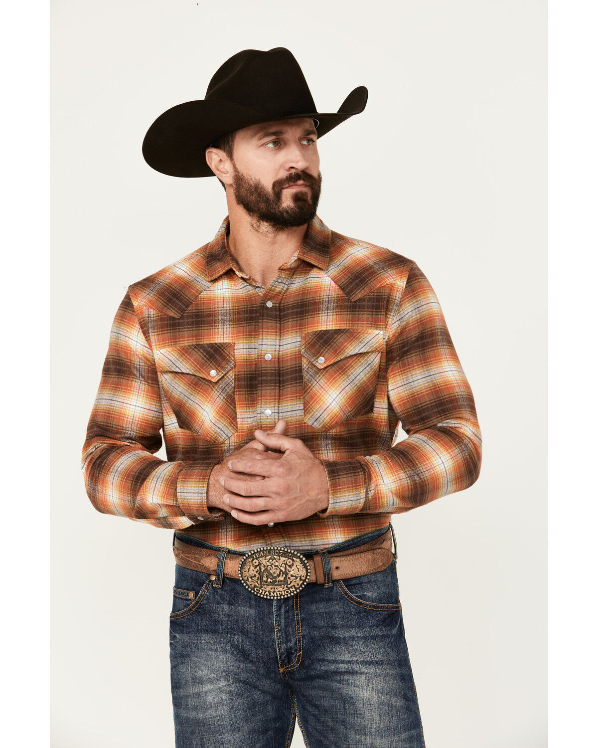 Image #1 - Pendleton Men's Wyatt Plaid Print Long Sleeve Pearl Snap Western Shirt, Coffee, hi-res