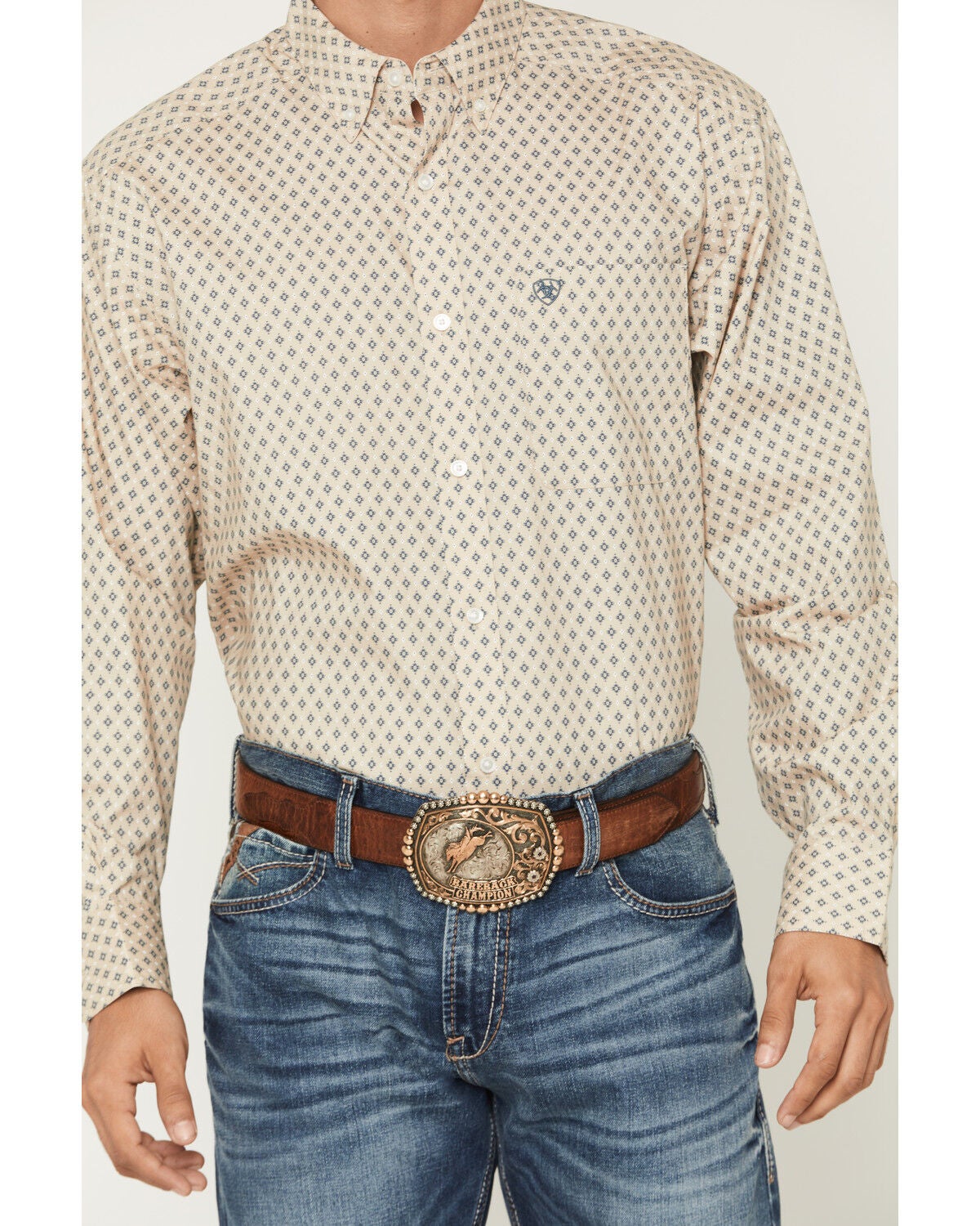 Image #3 - Ariat Men's Stu Geo Print Long Sleeve Button-Down Western Shirt, Tan, hi-res