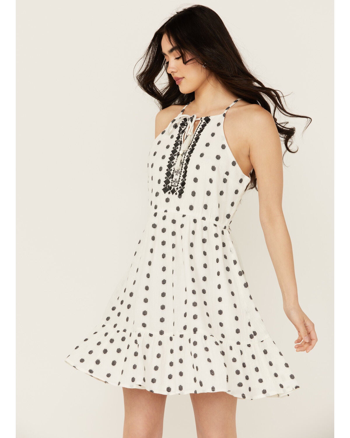 Idyllwind Women's Zelida Embroidered Halter Neck Mini Dress, Ivory, hi-res