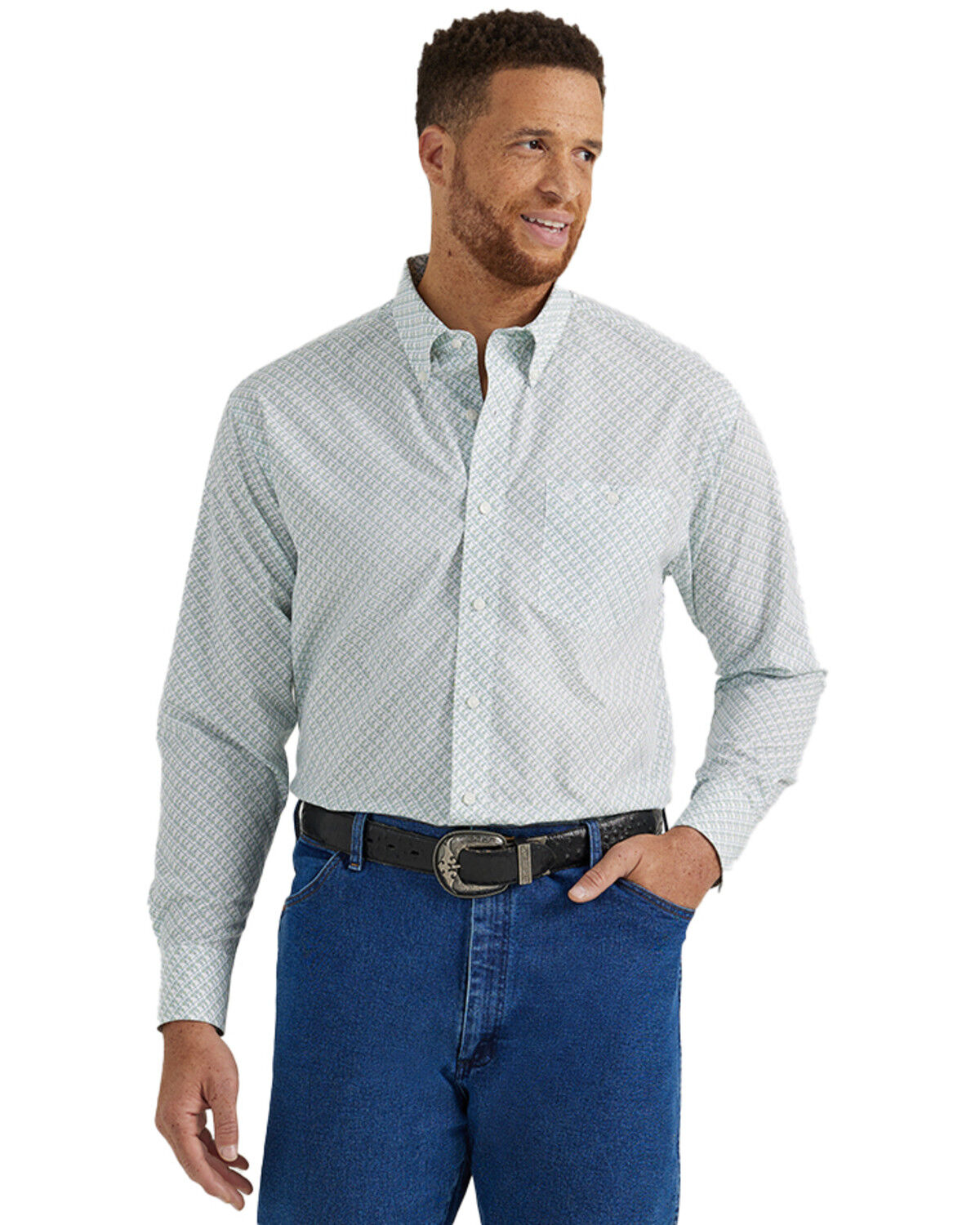 Image #1 - Wrangler Men's Classic Print Long Sleeve Button-Down Western Shirt - Tall, White, hi-res