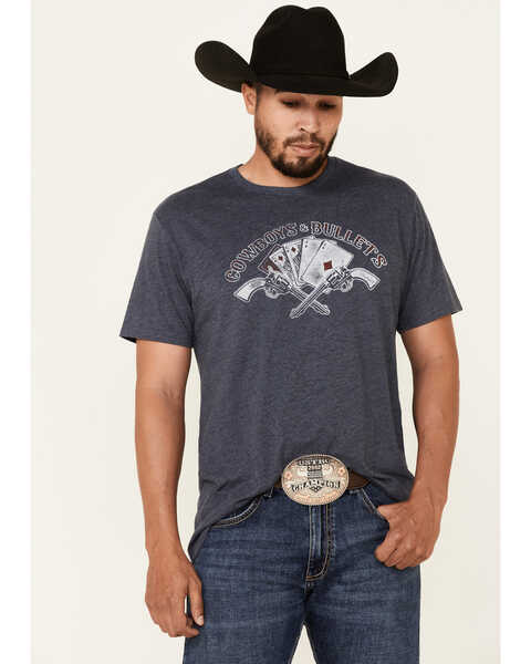 Wrangler Men's Heather Navy Cowboys & Bullets Graphic Short Sleeve T-Shirt , Navy, hi-res