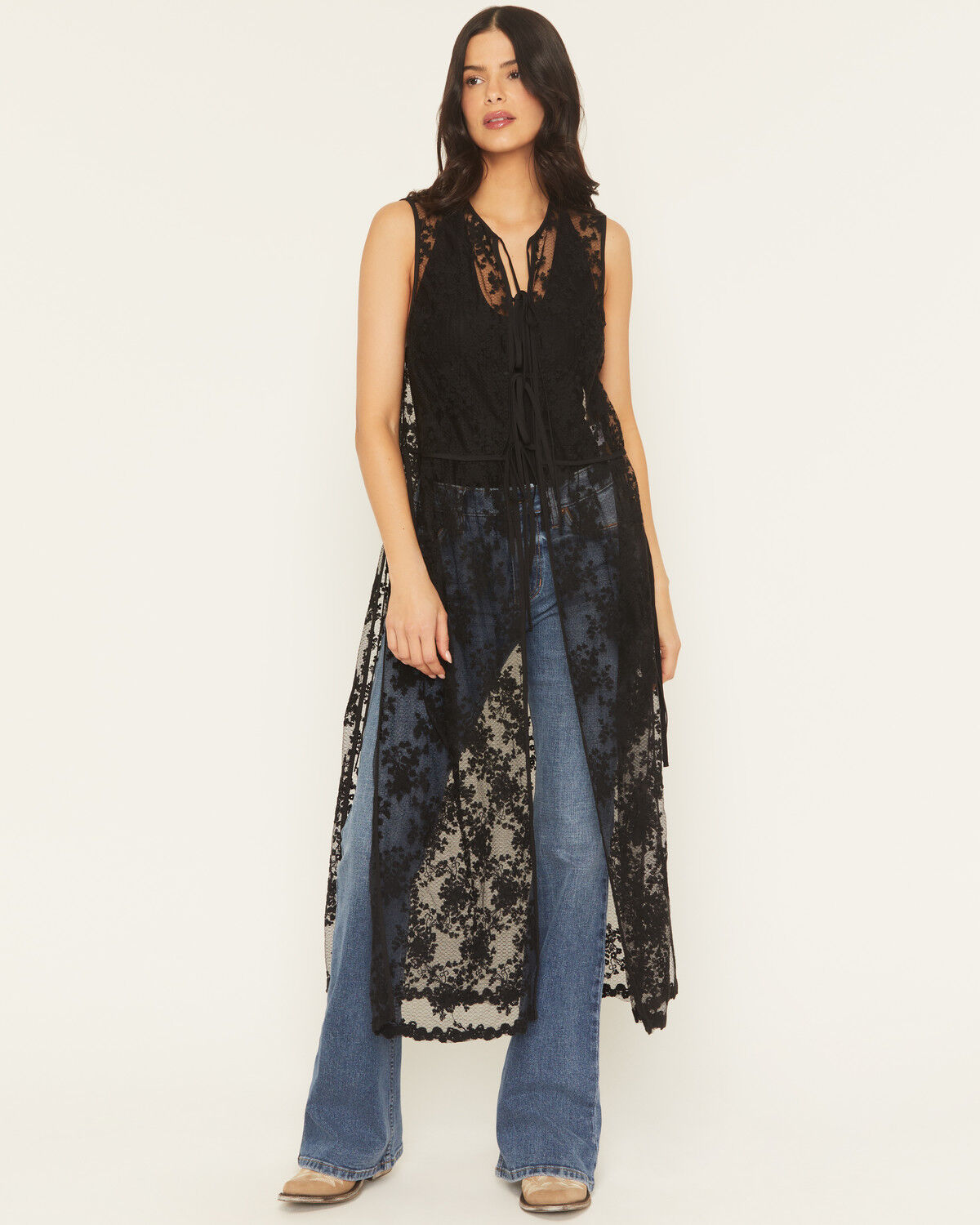 Image #1 - Listicle Women's Sleeveless Floral Lace Tie Front Kimono, Black, hi-res
