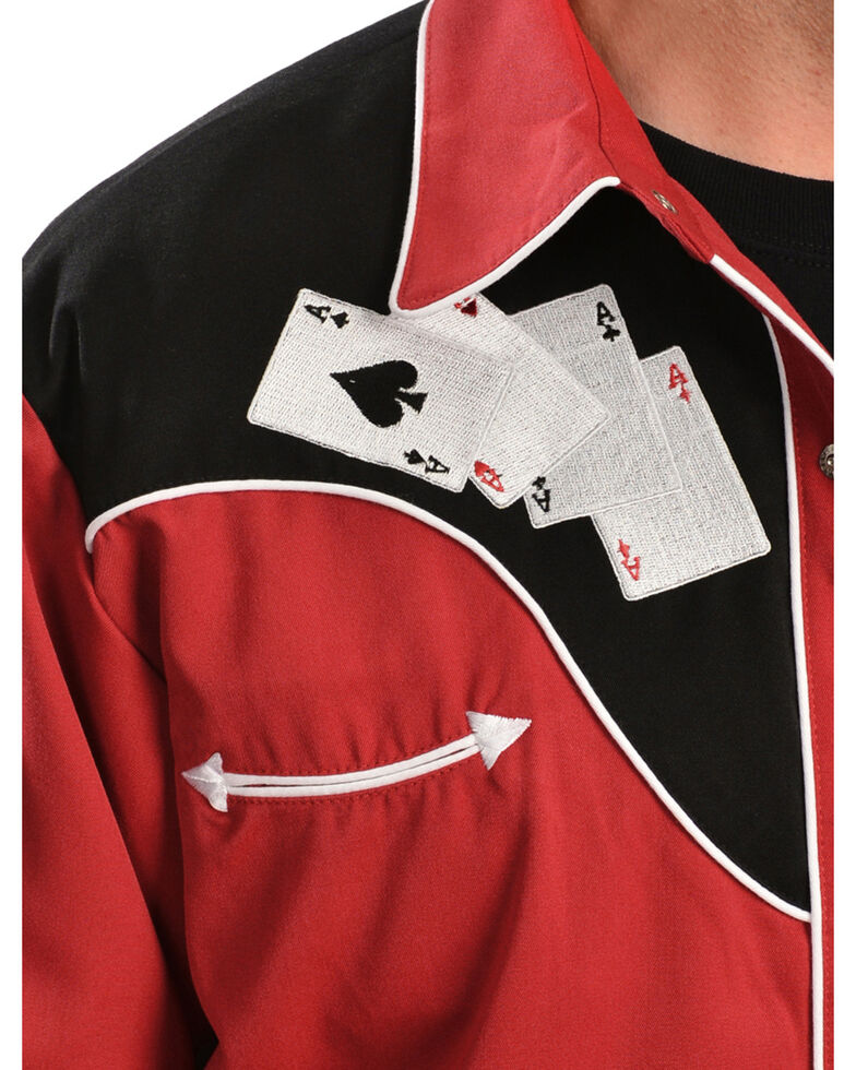 Scully Men's Poker Cards Embroidered Retro Long Sleeve Western Shirt , Red, hi-res