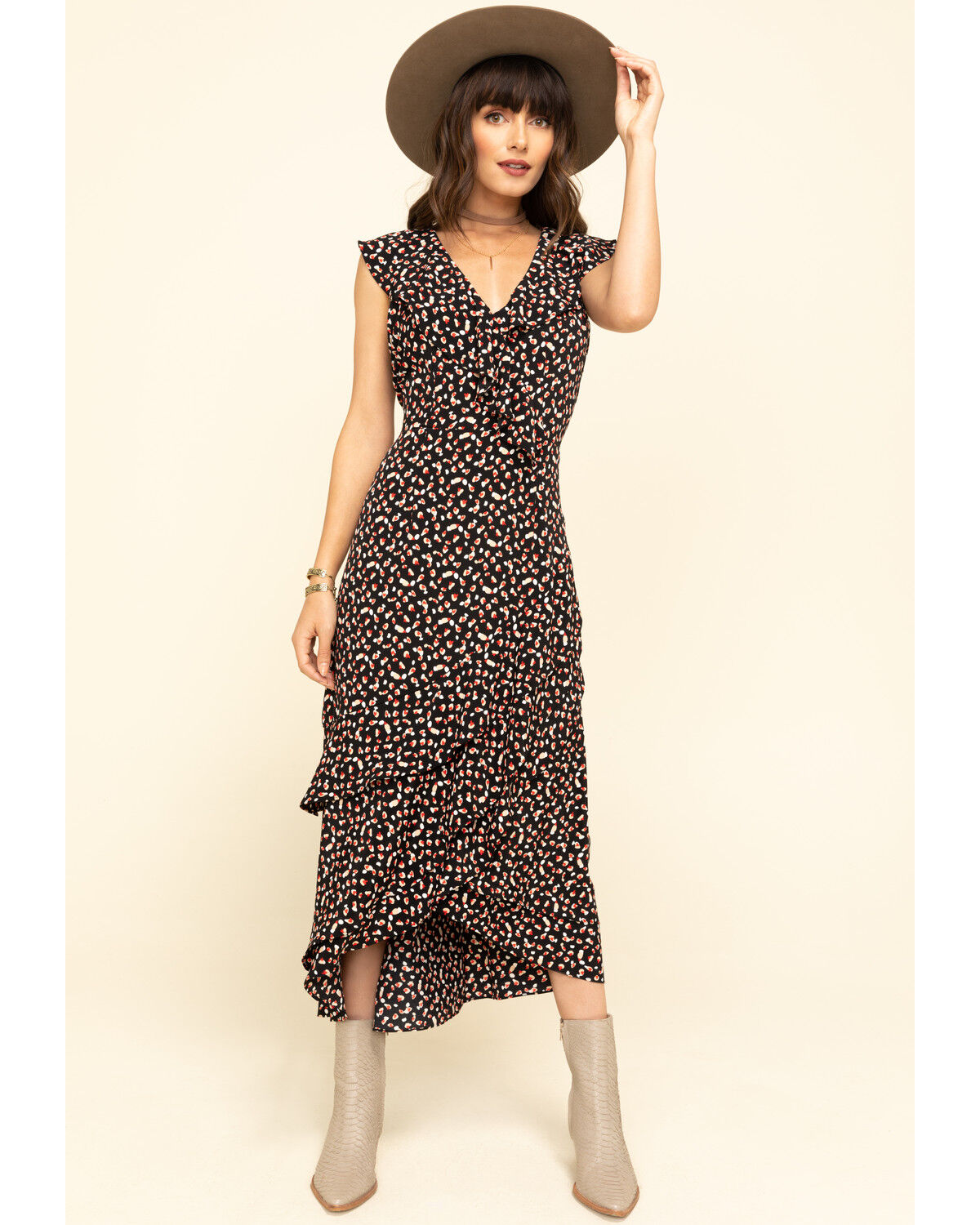 black ruffle wrap dress