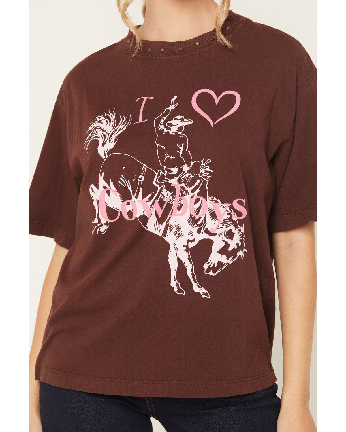 Image #3 - All Us Women's Cowboy Embellished Short Sleeve Graphic Tee, Brown, hi-res