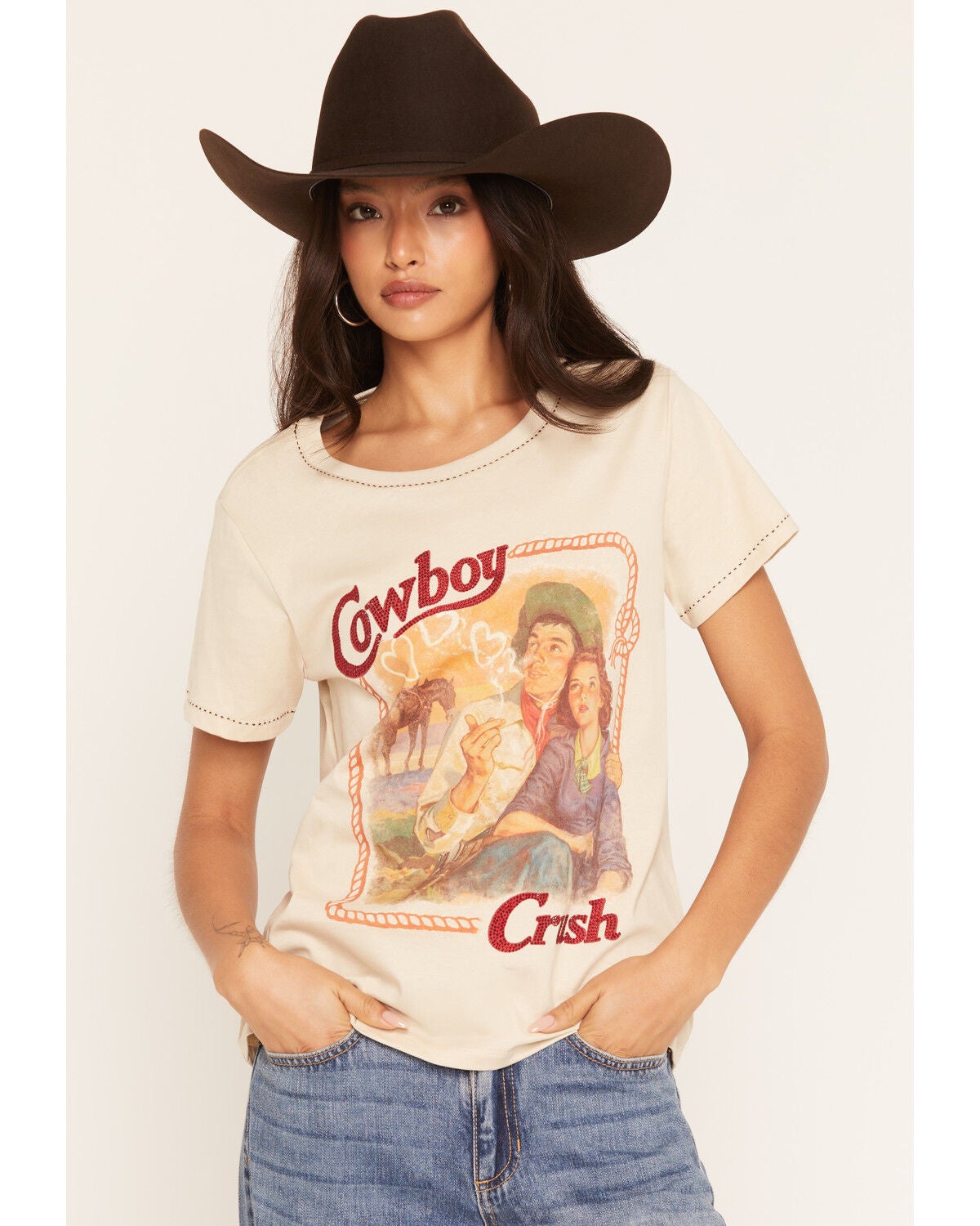 Rodeo Quincy X Boot Barn Women's Cowboy Crush Short Sleeve Graphic Tee, Cream, hi-res