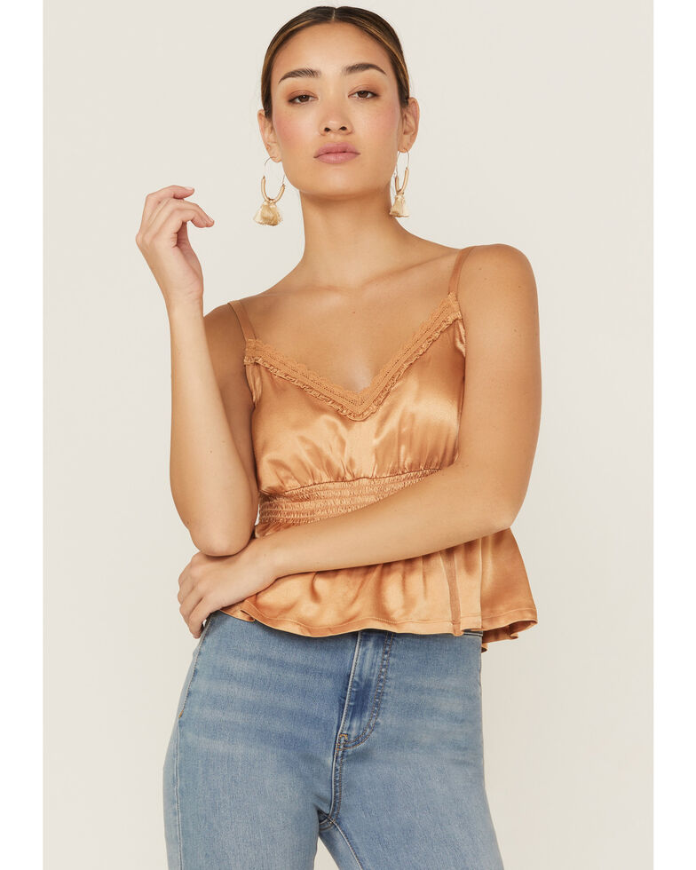 Shyanne Women's Smocked Empire Beige Satin Cami , Beige/khaki, hi-res