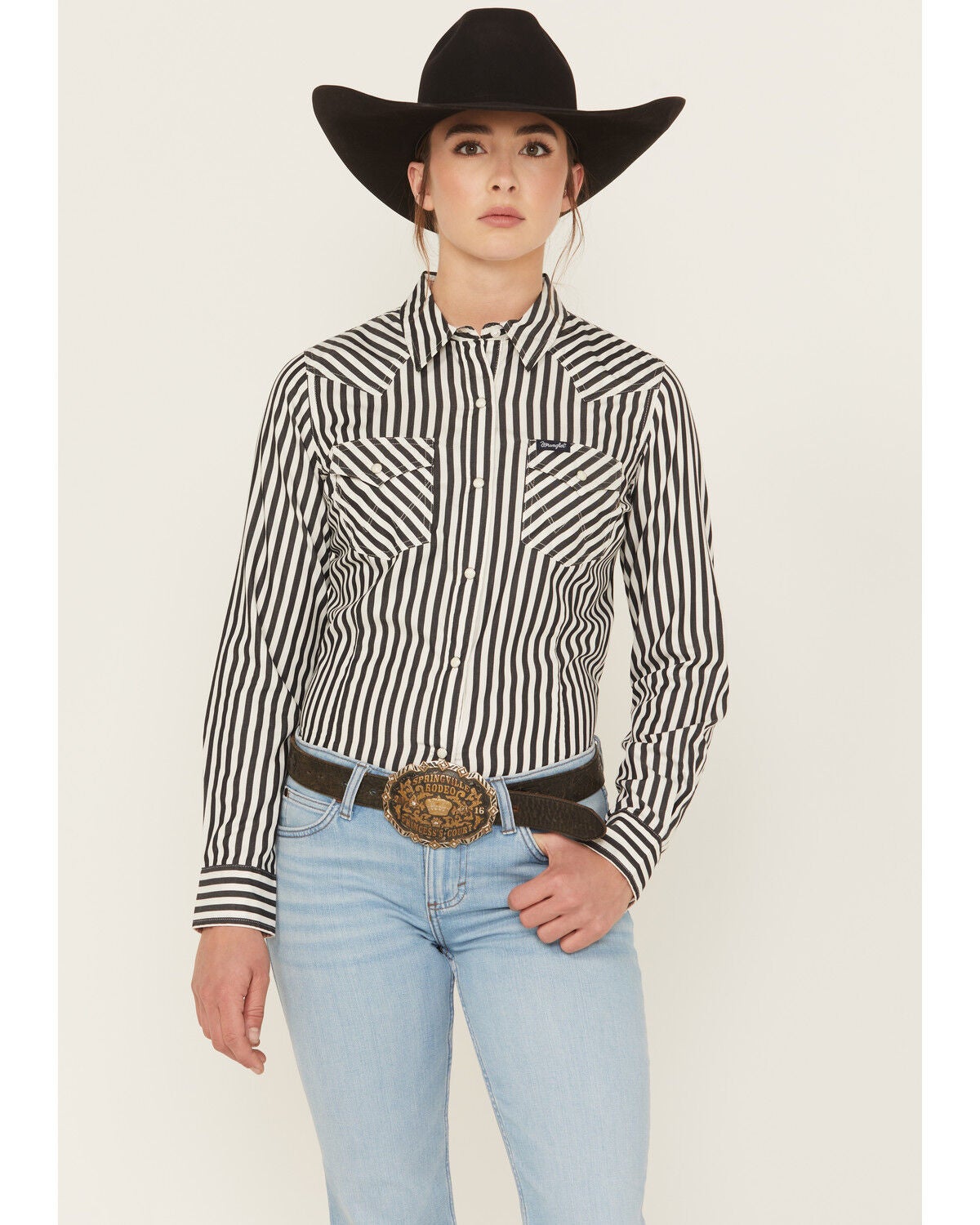 Image #1 - Wrangler Retro Women's Striped Long Sleeve Snap Western Shirt, Black, hi-res