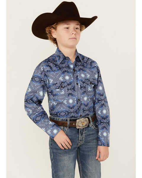 Rock & Roll Denim Boys' Bright Southwestern Print Long Sleeve Pearl Snap Western Shirt , Blue, hi-res
