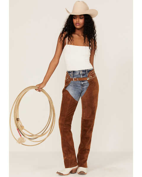 Understated Leather Women's Studded Suede Paris Texas Chaps, Tan, hi-res