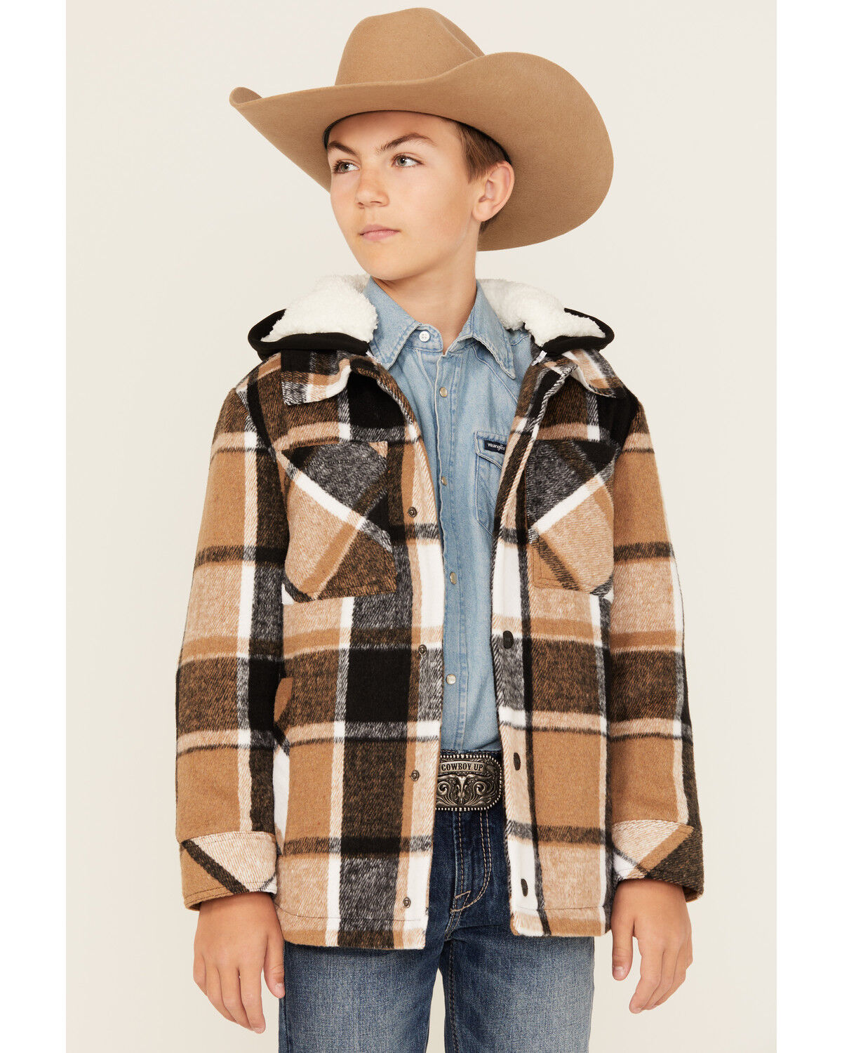 Image #1 - Urban Republic Little Boys' Plaid Print Sherpa Lined Snap Hooded Shacket, Brown, hi-res