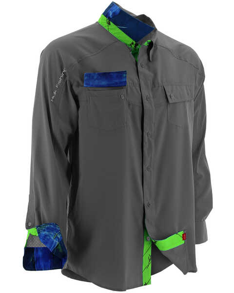 Image #2 - Huk Performance Fishing Men's Next Level Long Sleeve Button Down Woven Shirt , Charcoal Grey, hi-res