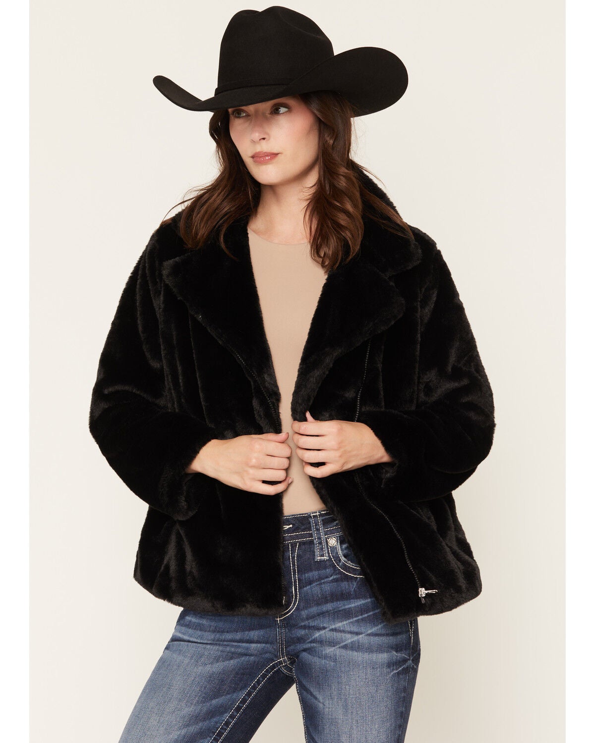 Image #1 - Becca Women's Faux Fur Moto Jacket, Black, hi-res