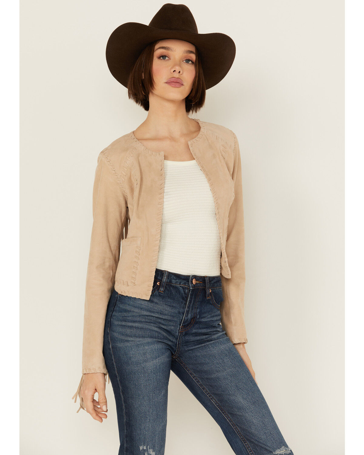 Image #2 - Shyanne Women's Whip Stitch Fringe Suede Jacket, Taupe, hi-res