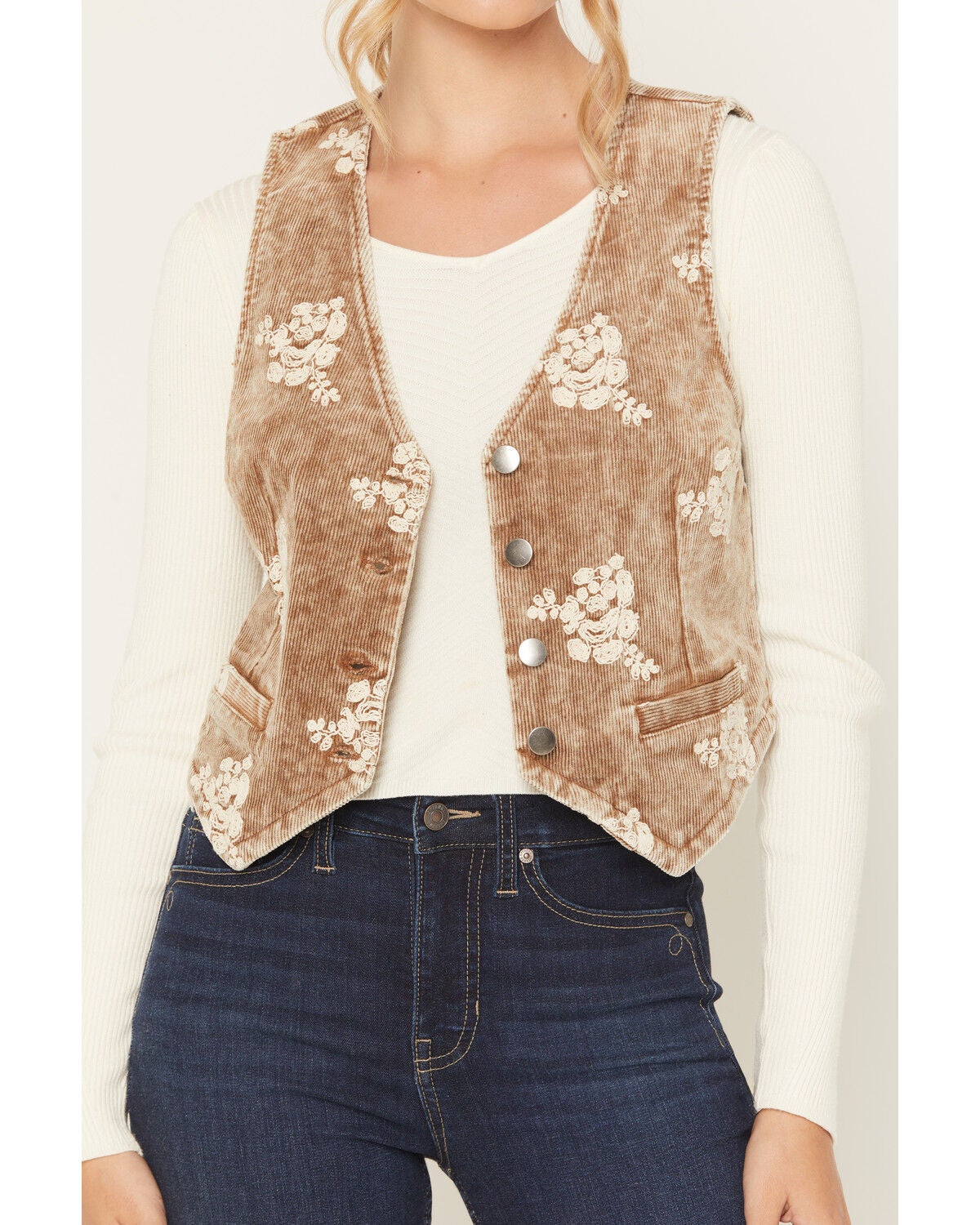 Image #3 - Mystree Women's Corduroy Floral Embroidered Vest, Brown, hi-res