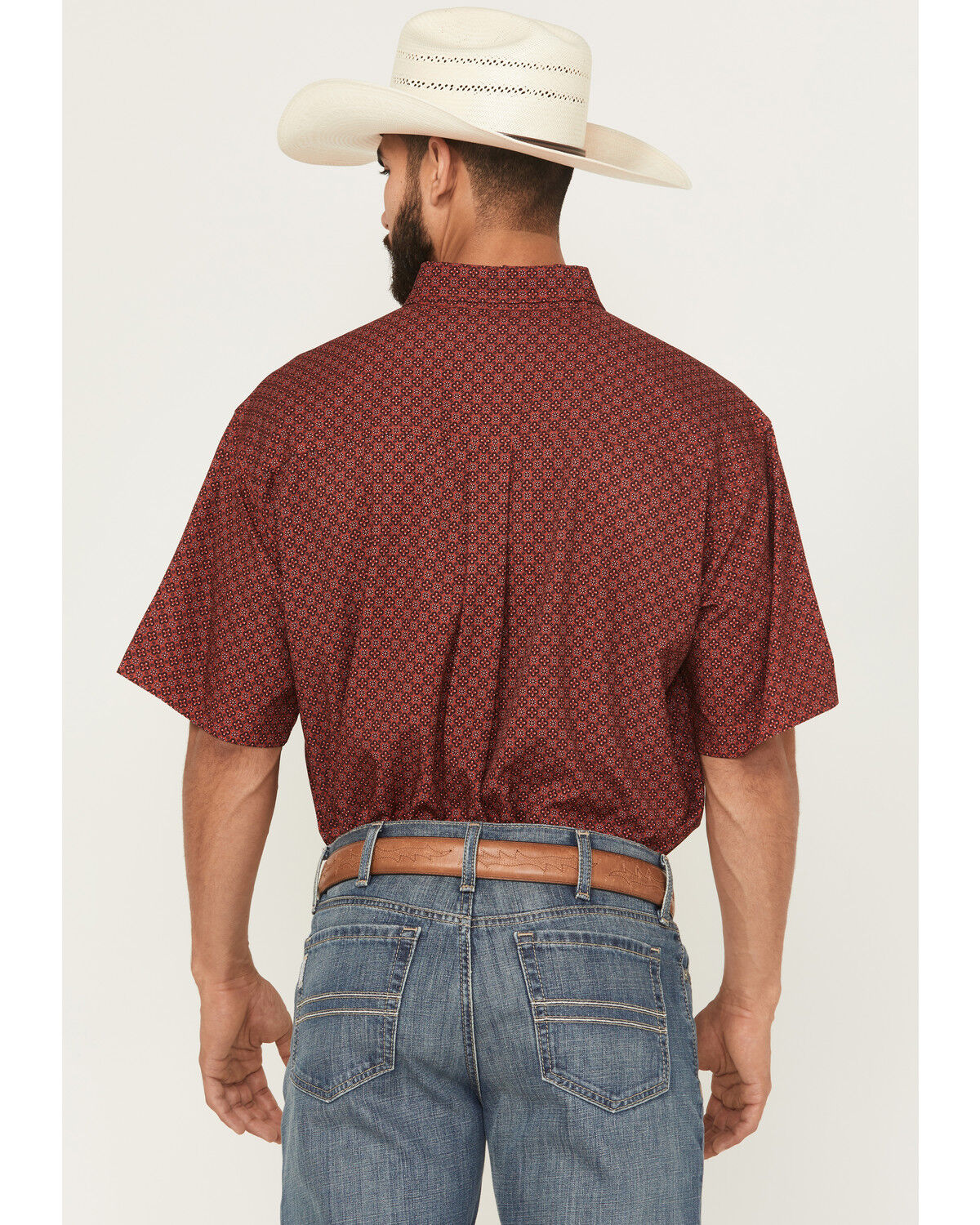 Image #4 - Cinch Men's Geo Print Short Sleeve Button-Down Performance Stretch Western Shirt, Red, hi-res