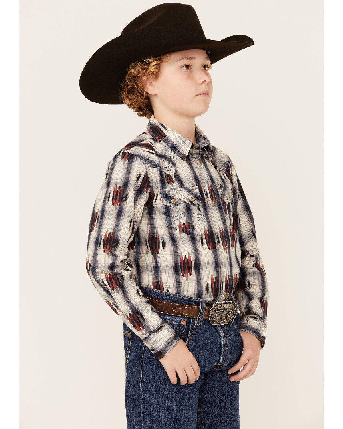Image #2 - Cody James Boys' Zion Sunset Plaid Print Long Sleeve Snap Western Shirt, Red, hi-res