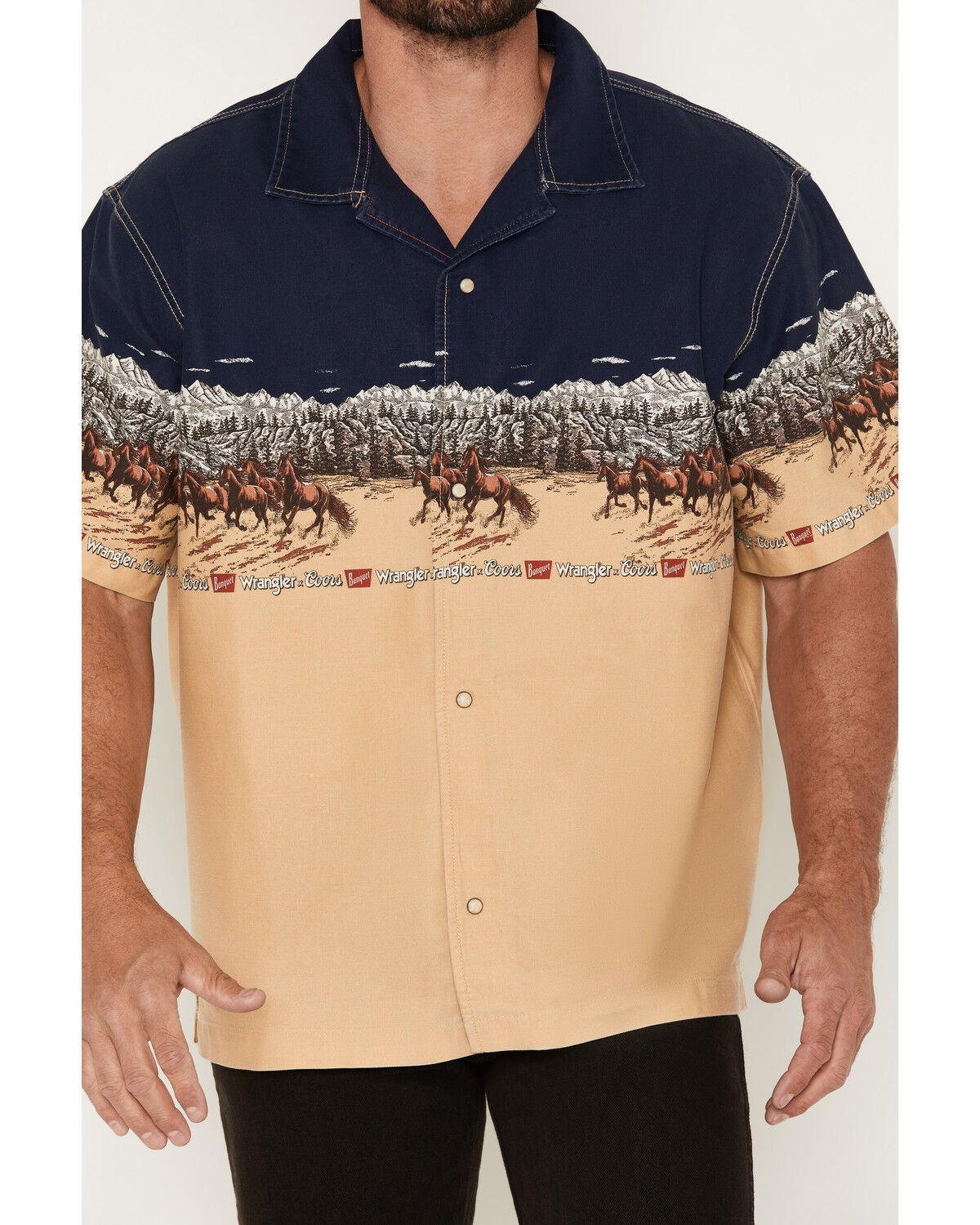 Image #3 - Wrangler X Coors Banquet Men's Border Print Resort Short Sleeve Snap Western Shirt, Tan, hi-res