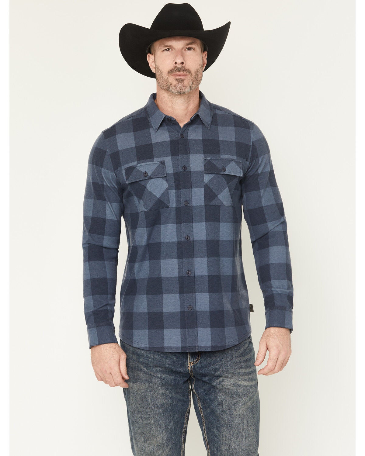 Brothers and Sons Men's Kent Plaid Print Long Sleeve Button-Down Stretch Western Shirt, Indigo, hi-res