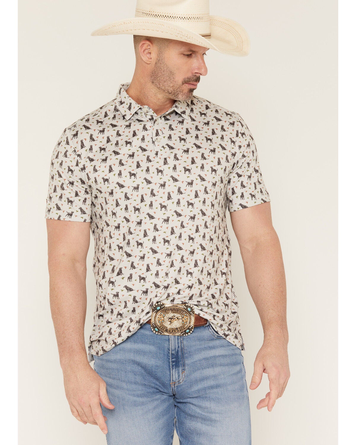 Image #1 - Burlebo Men's Ducks And Dogs Print Short Sleeve Button-Down Polo Shirt, Natural, hi-res