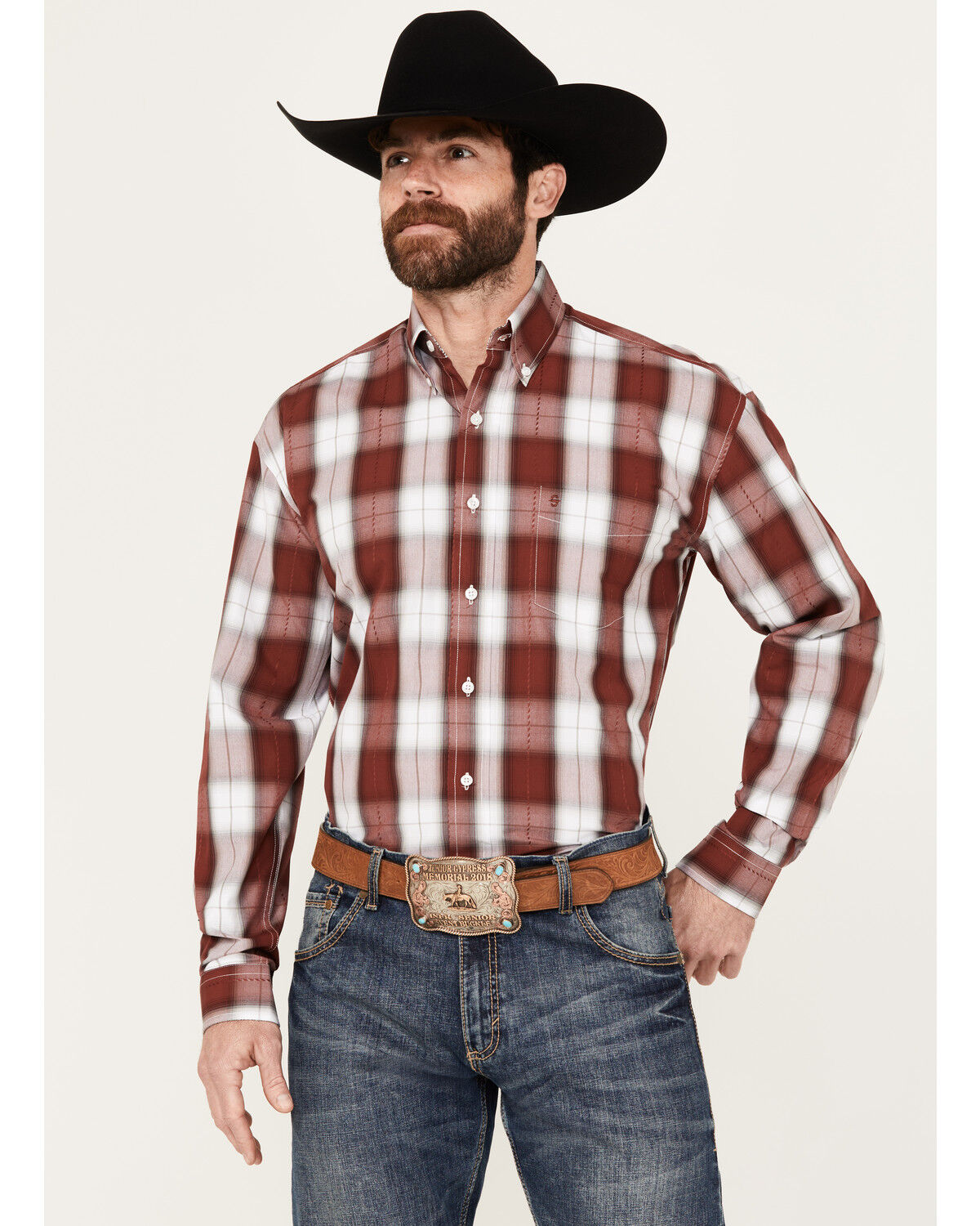 Image #1 - Stetson Men's Dobby Plaid Long Sleeve Button Down Western Shirt, Wine, hi-res