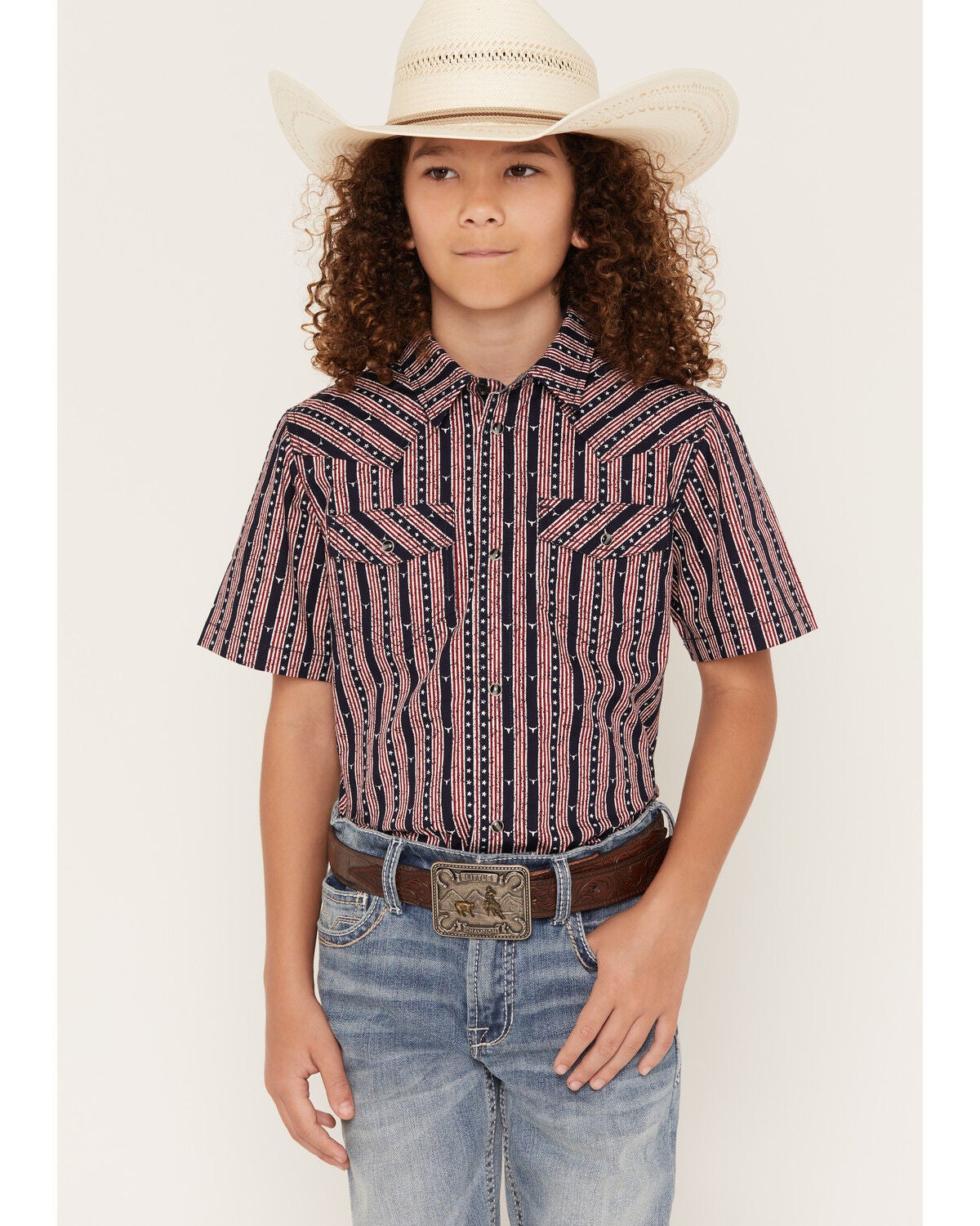 Cody James Boys' Steer Head Stars & Stripes Short Sleeve Snap Western Shirt, Navy, hi-res