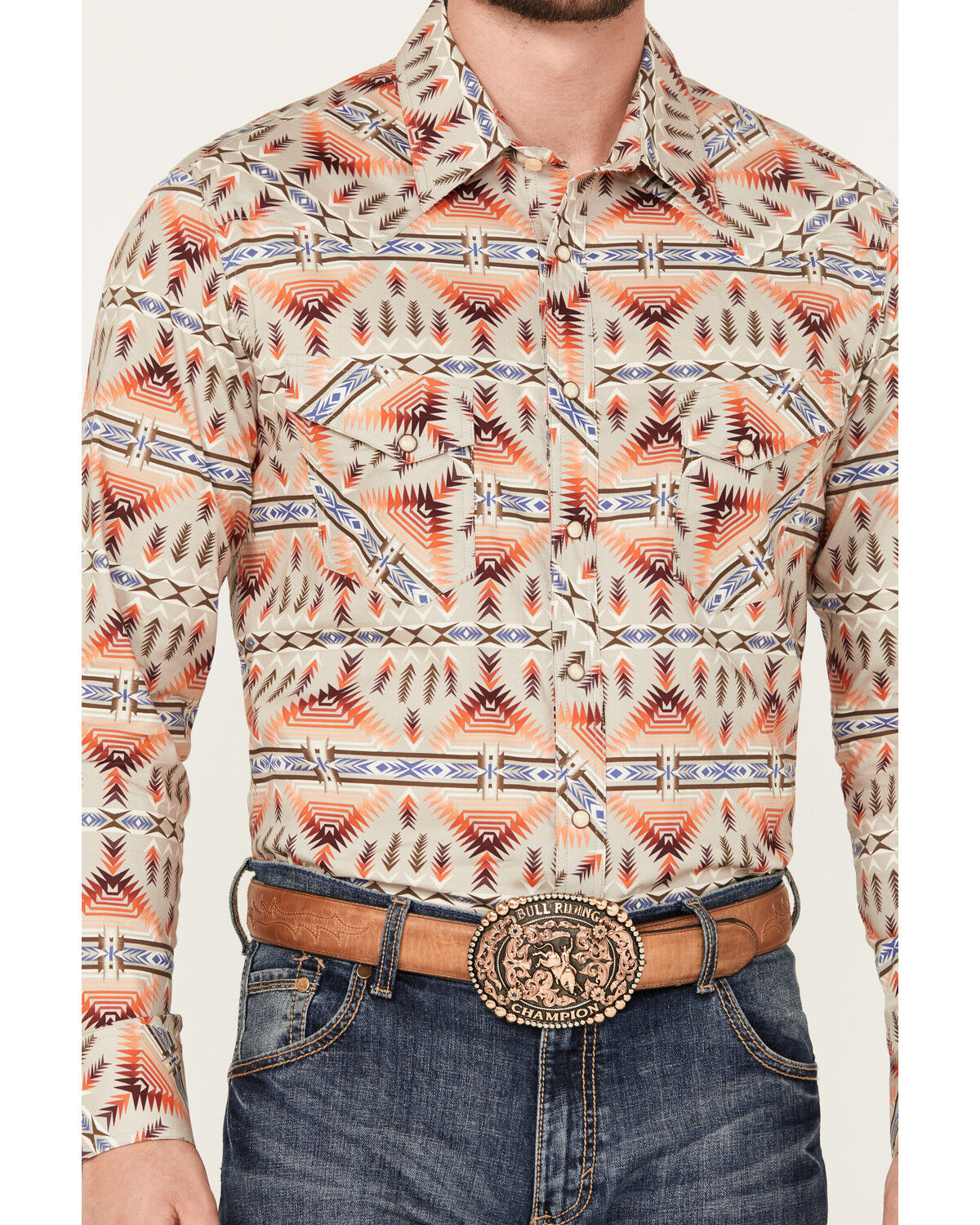 Image #3 - Rock & Roll Denim Men's Southwestern Print Stretch Long Sleeve Snap Western Shirt, Orange, hi-res