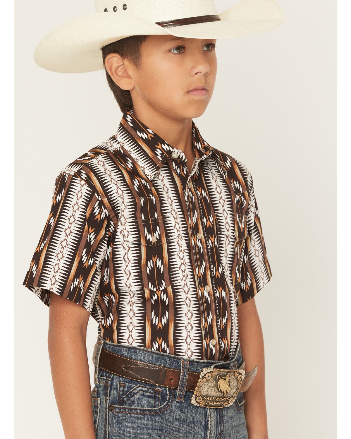 Image #2 - Wrangler Boys' Checotah Southwestern Striped Short Sleeve Pearl Snap Western Shirt, Brown, hi-res