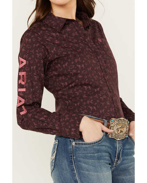 Image #2 - Ariat Women's Ancestry Print Team Kirby Long Sleeve Button-Down Western Shirt, Maroon, hi-res