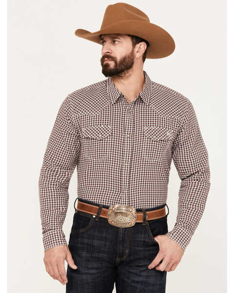 Image #1 - Blue Ranchwear Men's Rawlins Plaid Print Long Sleeve Western Snap Shirt, Red, hi-res