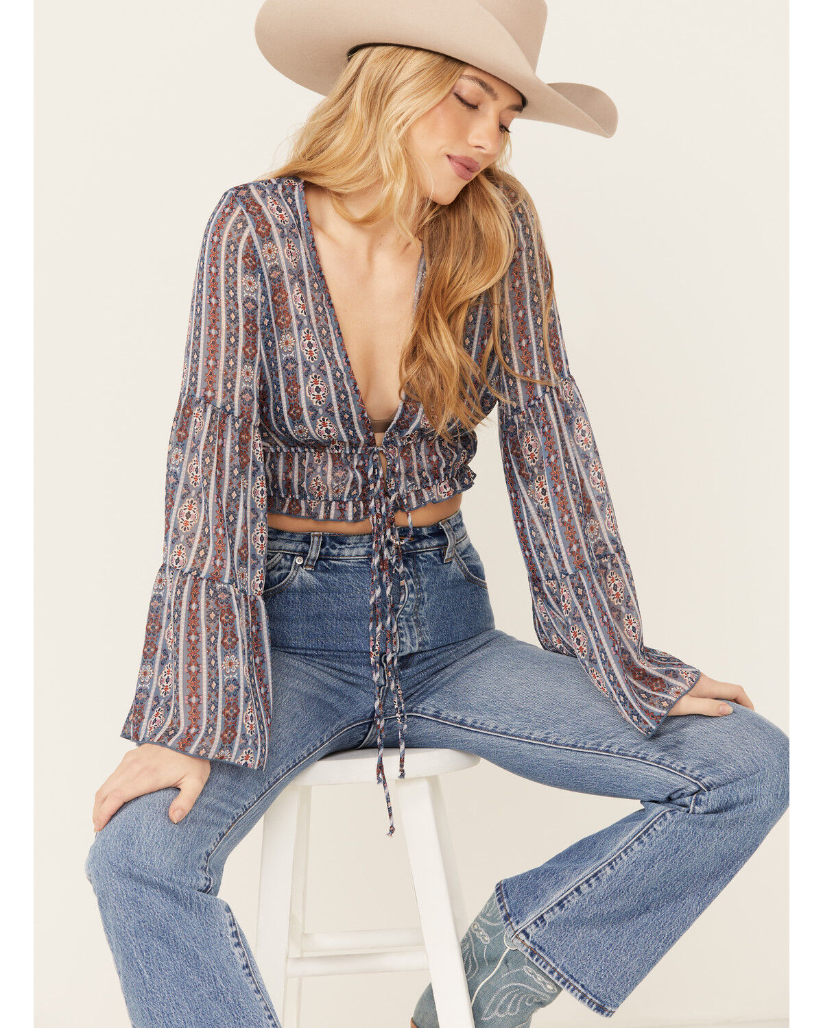 Image #1 - Wild Moss Women's Printed Tie Front Bell Sleeve Cropped Kimono, Brown, hi-res