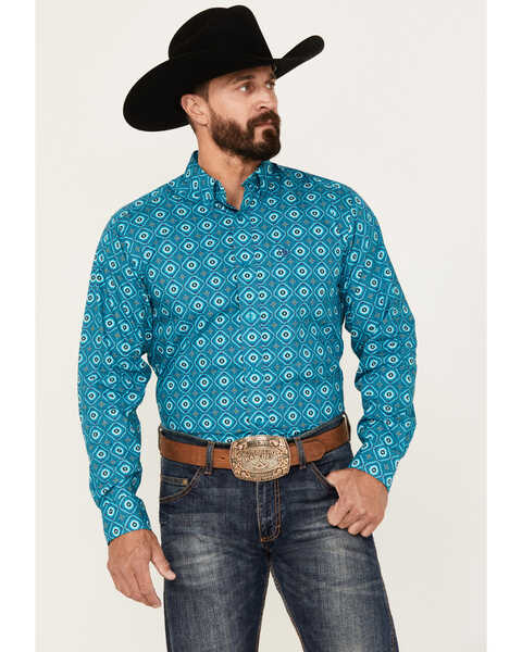 Ariat Men's Bruno Southwestern Print Long Sleeve Button-Down Western Shirt, Turquoise, hi-res