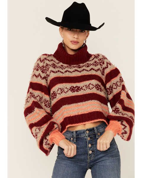 Free People Women's Berry Check Me Out Sweater, Red, hi-res