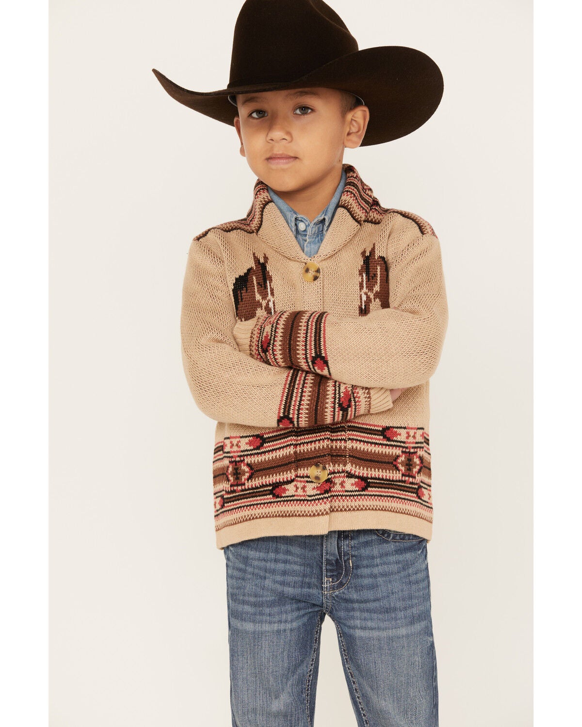 Cotton & Rye Boys' Horse Graphic Button-Down Cardigan, Tan, hi-res