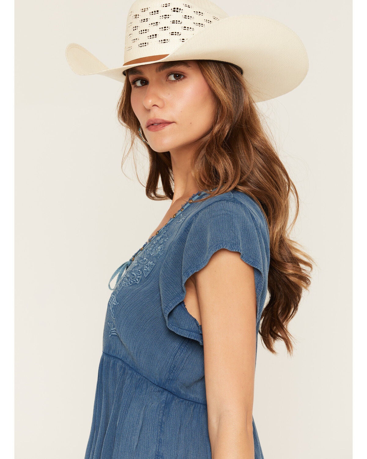 Image #2 - Shyanne Women's Embroidered Short Flutter Sleeve Shirt, Deep Blue, hi-res