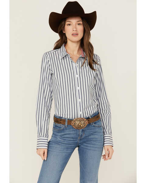 Ariat Women's Kirby Striped Print Long Sleeve Button-Down Stretch Western Shirt , Blue, hi-res