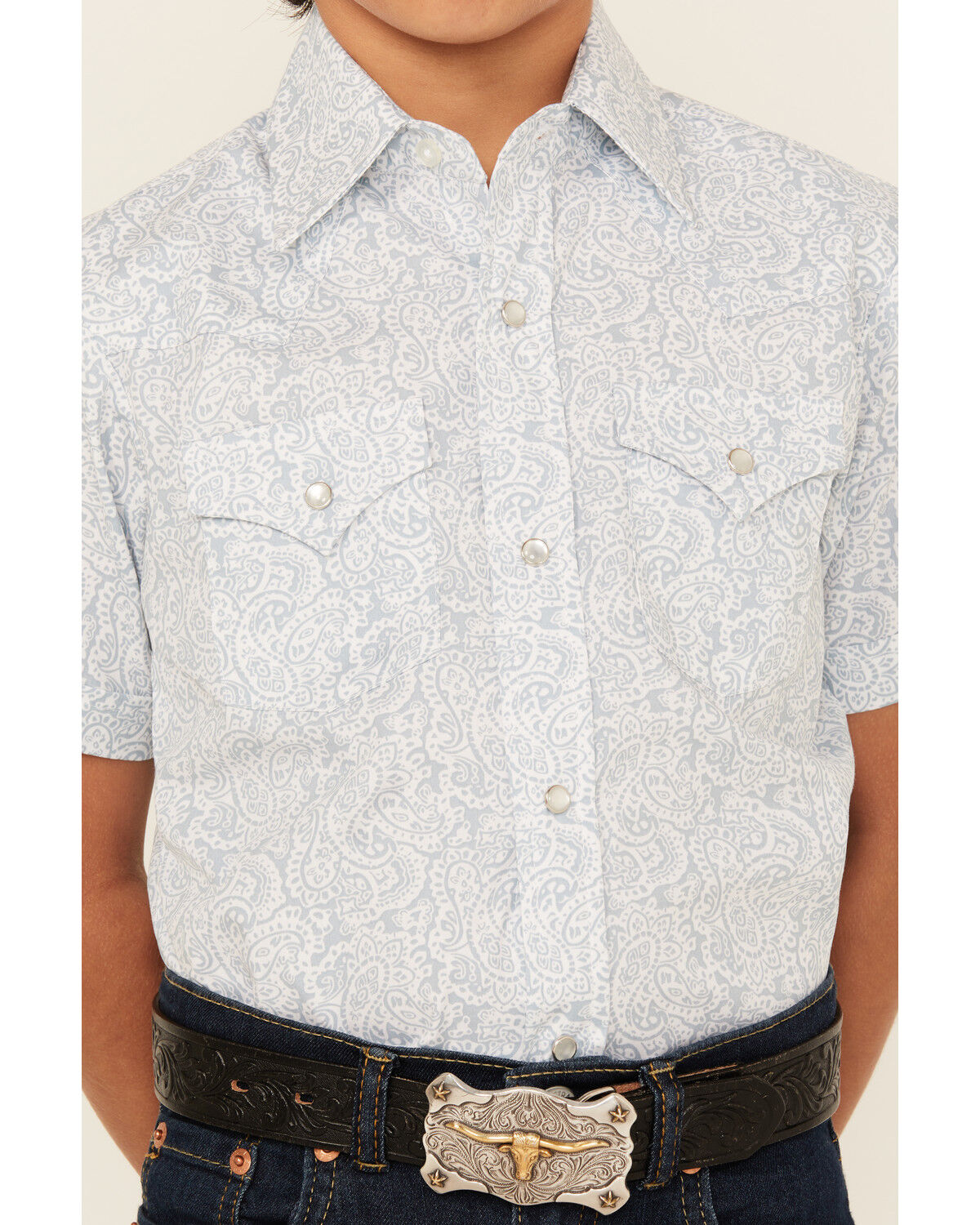 Image #3 - Ely Walker Boys' Paisley Print Short Sleeve Snap Western Shirt, Navy, hi-res