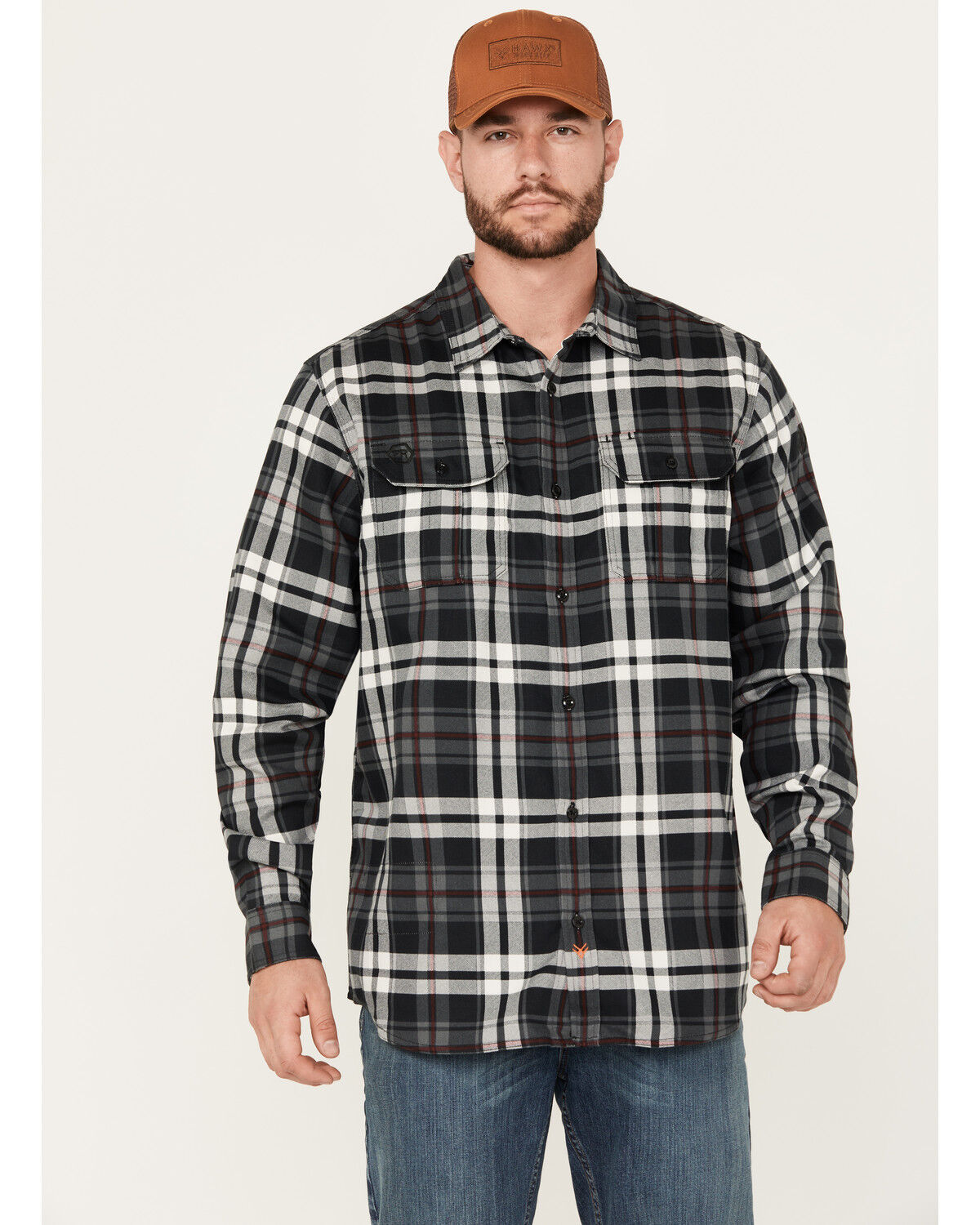 Image #1 - Hawx Men's FR Plaid Print Long Sleeve Button-Down Work Shirt, Charcoal, hi-res