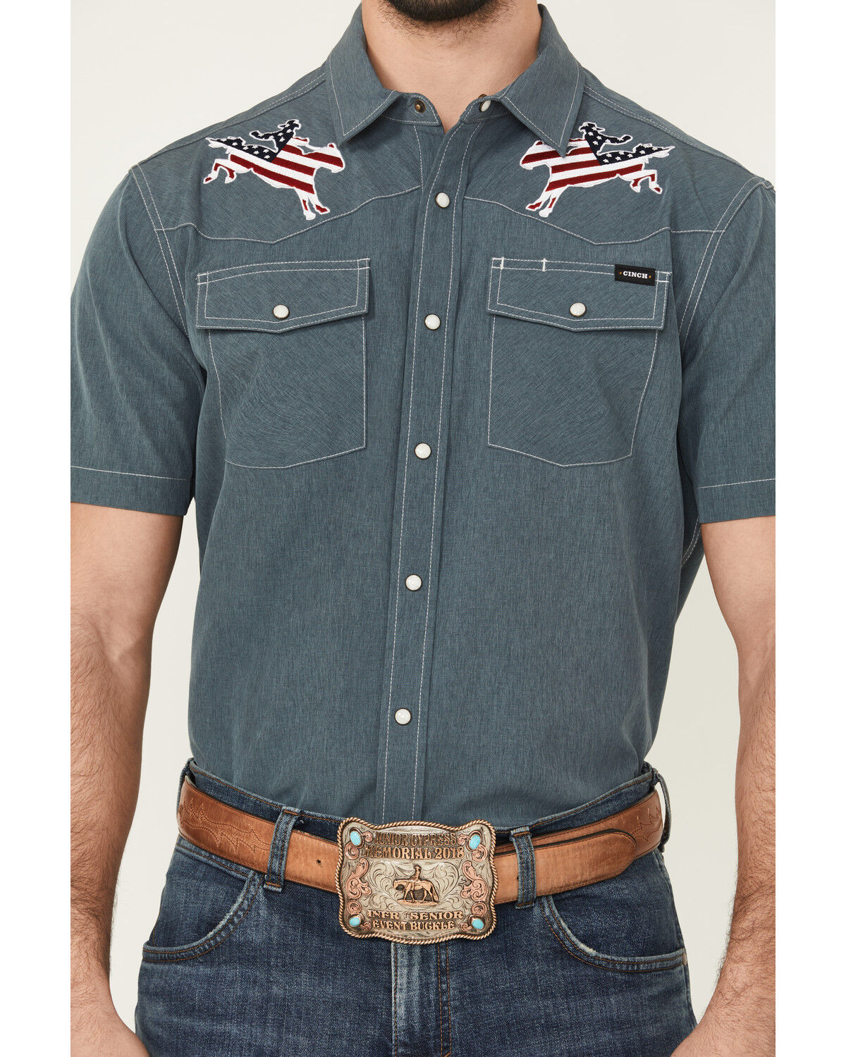 Image #3 - Cinch Men's Embroidered Americana Cowboy Short Sleeve Snap Western Shirt, Blue, hi-res