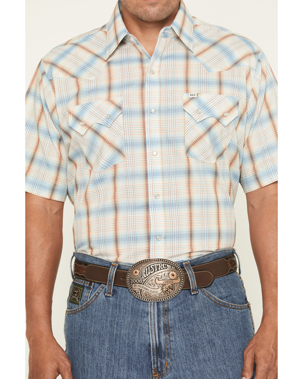 Image #3 - Ely Walker Men's Plaid Print Short Sleeve Snap Western Shirt, Light Blue, hi-res