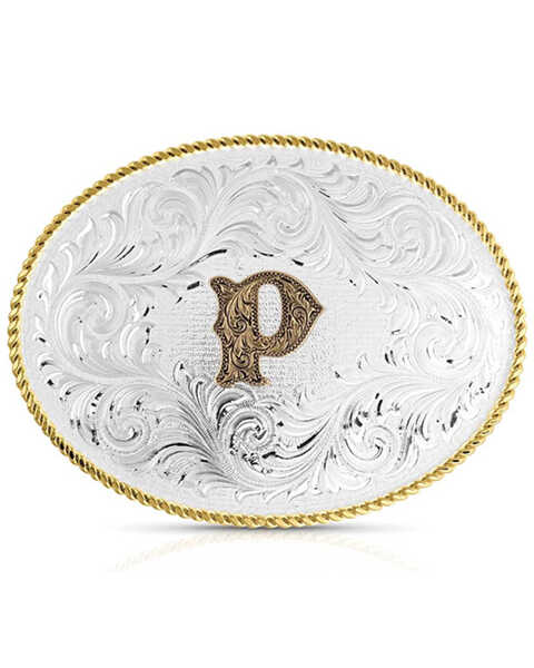 Image #1 - Montana Silversmiths Classic Western Oval Two-Tone Initial Belt Buckle - P, Silver, hi-res