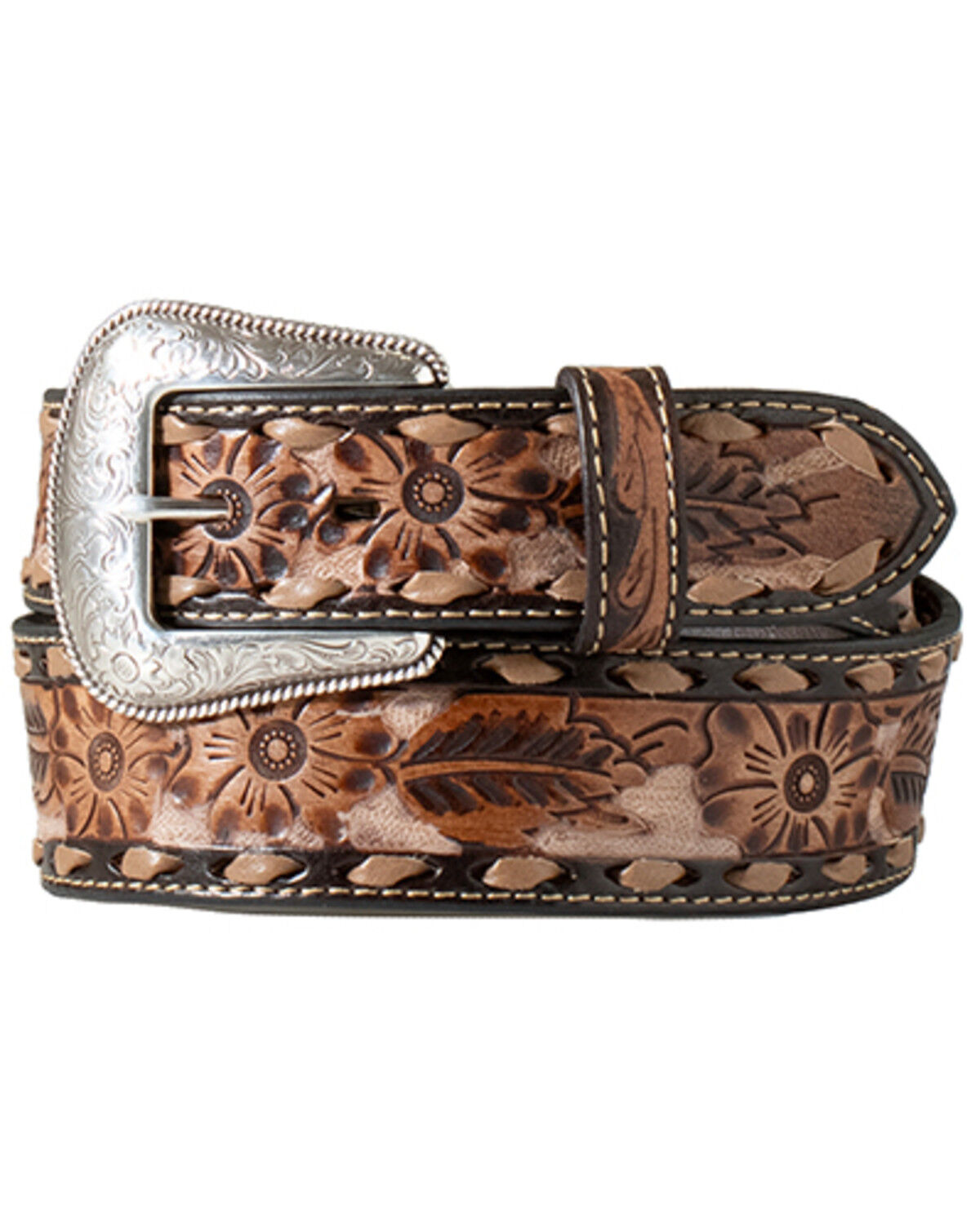 Image #1 - M & F Western Men's Tooled Floral Leather Belt, Brown, hi-res