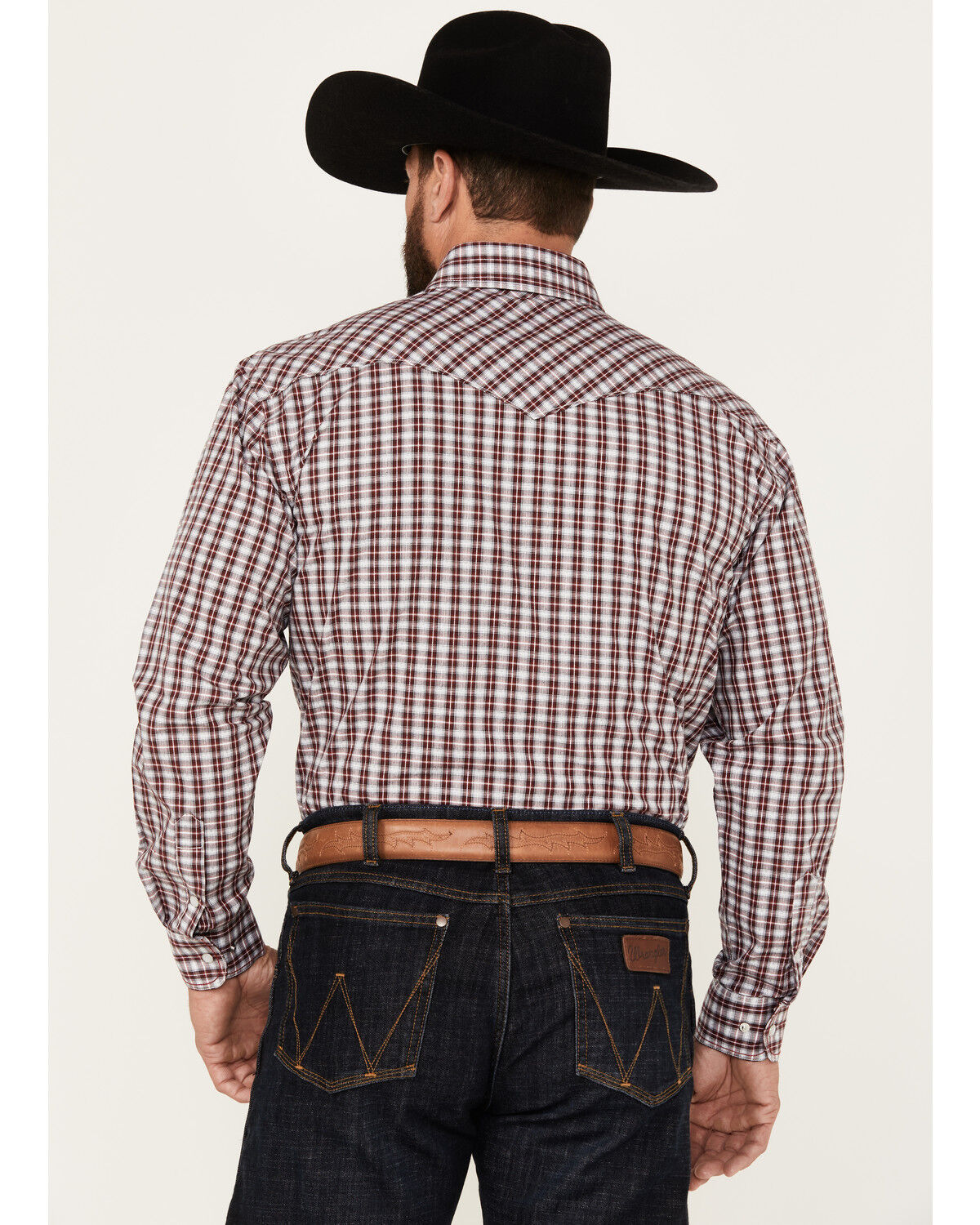 Image #4 - Rough Stock by Panhandle Men's Dobby Plaid Print Long Sleeve Pearl Snap Western Shirt, Burgundy, hi-res