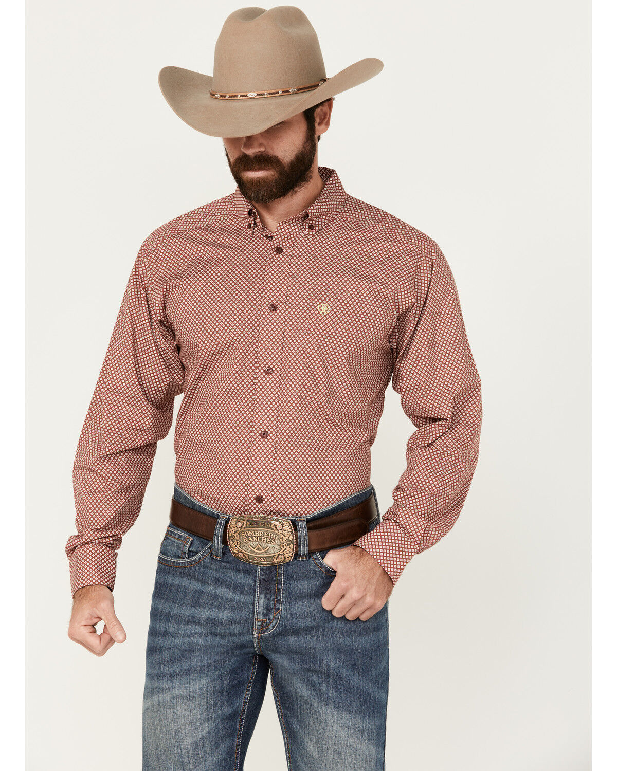 Image #1 - Ariat Men's Teegan Geo Print Long Sleeve Button-Down Western Shirt, Red, hi-res